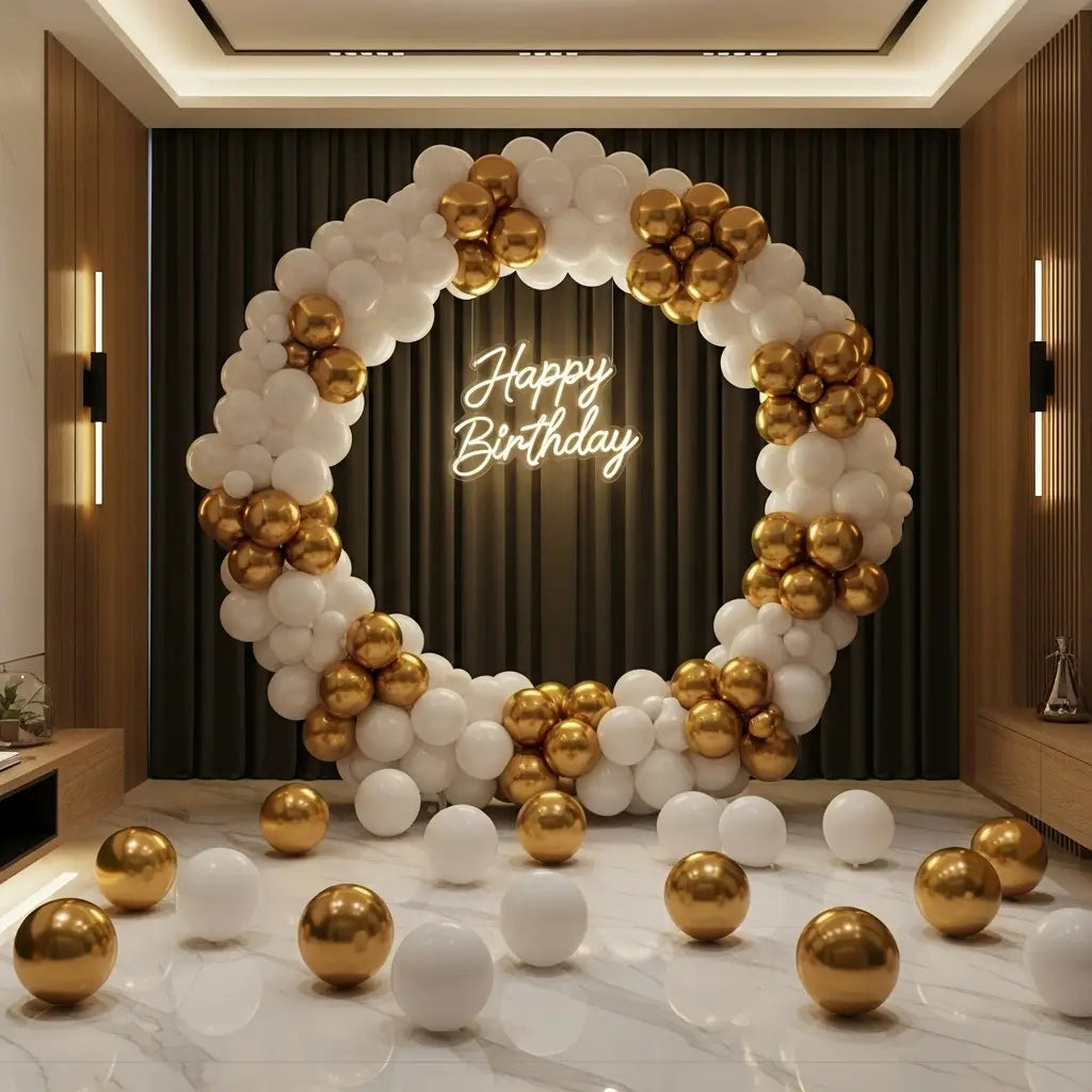 White & Golden Theme Birthday Ring Balloon Decor in Hyderabad
