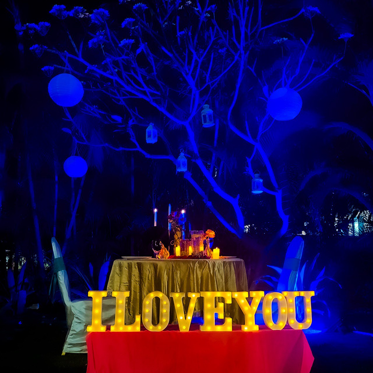 Private garden candle light dinner setup in Hyderabad with 'I LOVE YOU' LED lights, perfect for couples.