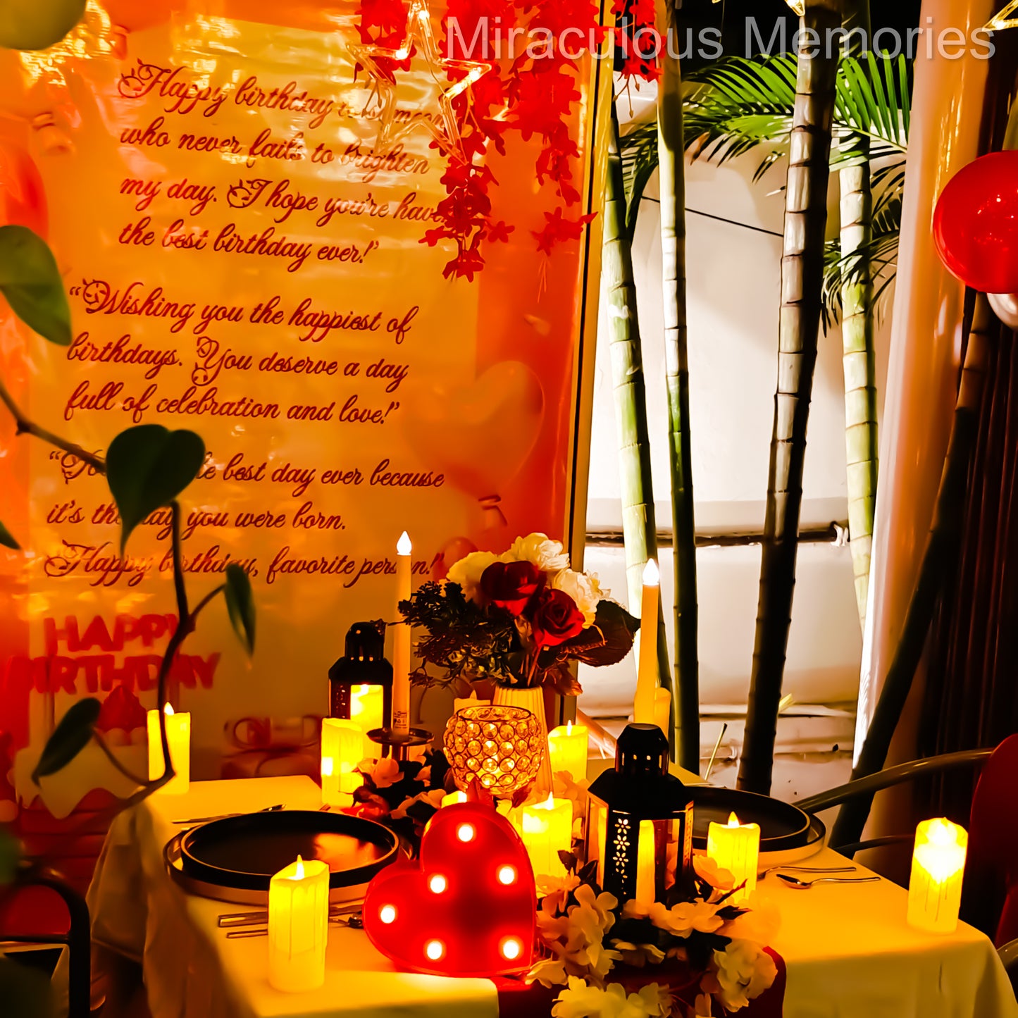 "Isolated coupe decorated with lights, balloons, and LED letters for a luxurious candle light dinner in Hyderabad."