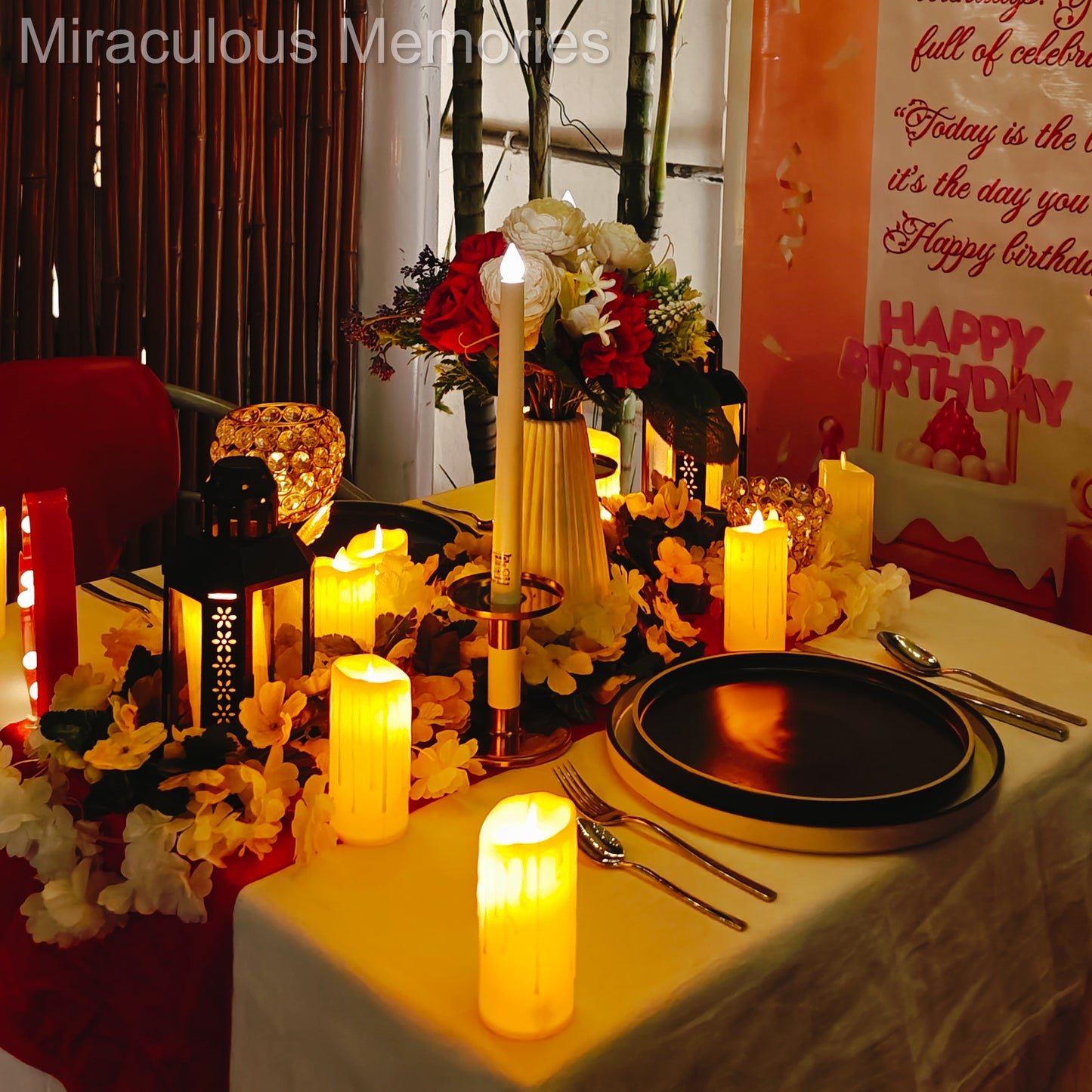 "4-course meal with welcome drink, soup, starter, main course, and dessert at a romantic candle light dinner in Hyderabad."