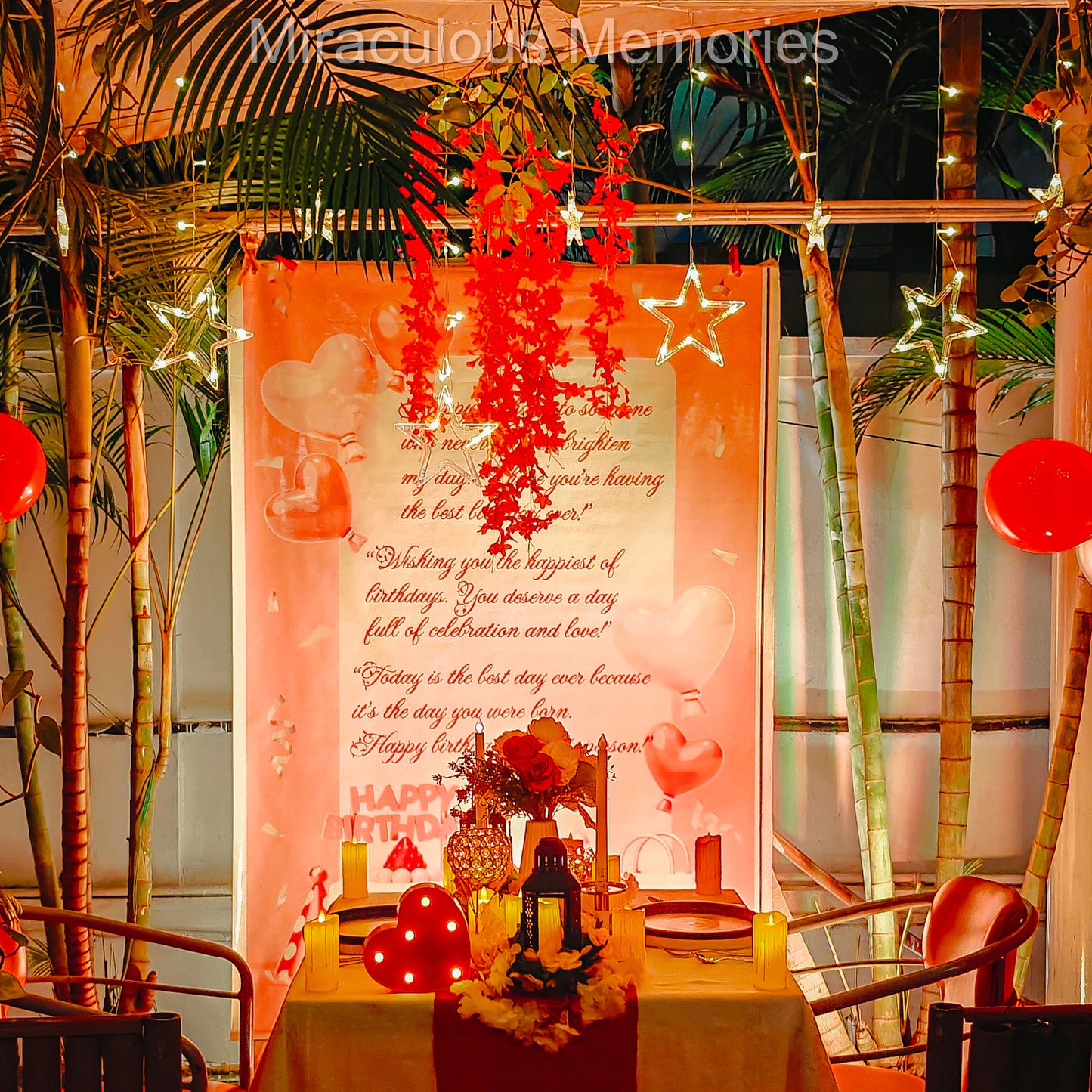 "Elegant candle light dinner arrangement with complimentary cake, perfect for birthday or anniversary celebrations."