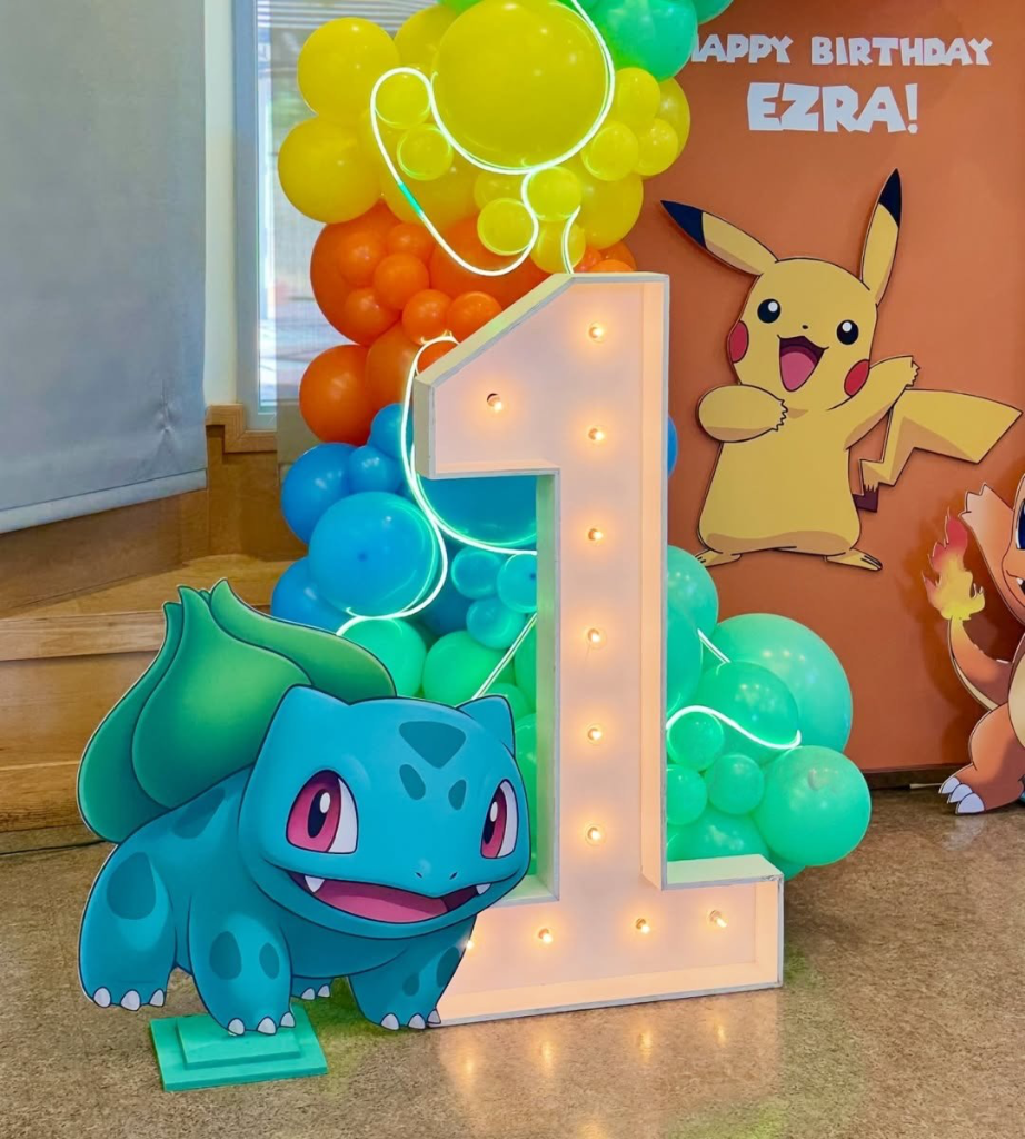 Pokemon kid's birthday decoration bulbasaur and Pikachu character cutouts in Hyderabad