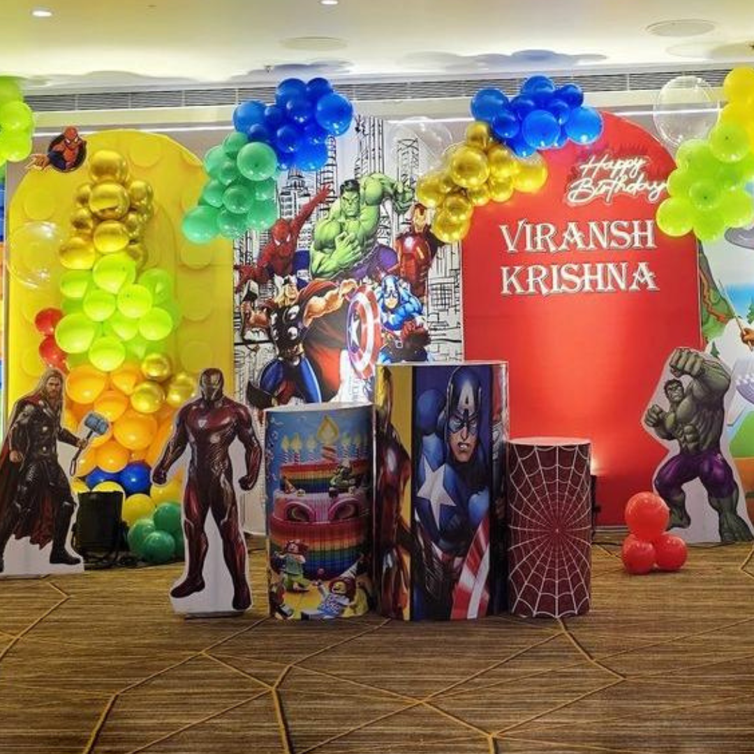 Ultimate Superhero Avengers Birthday Decoration with Balloon Arch & Marvel Characters in Hyderabad