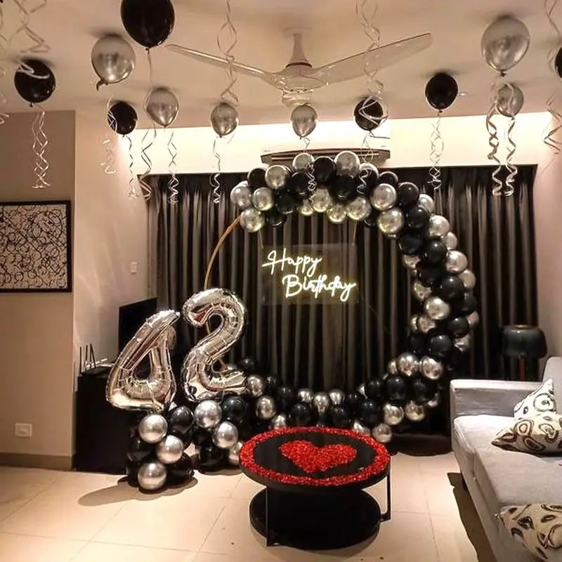 Black & Silver Theme Birthday Balloon Ring Decor in Hyderabad