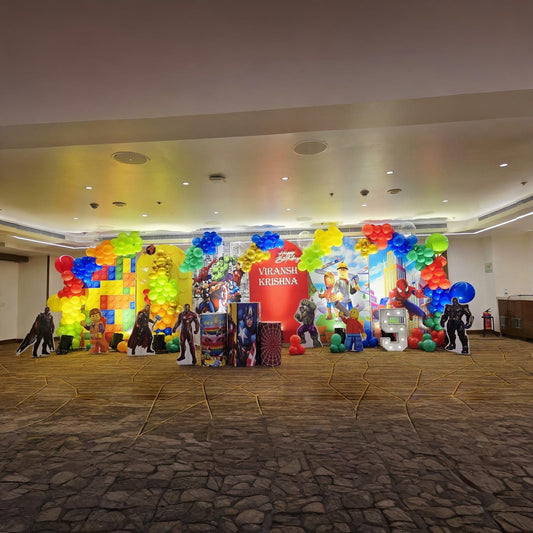 Ultimate Superhero Avengers Birthday Decoration with Balloon Arch & Marvel Characters in Hyderabad