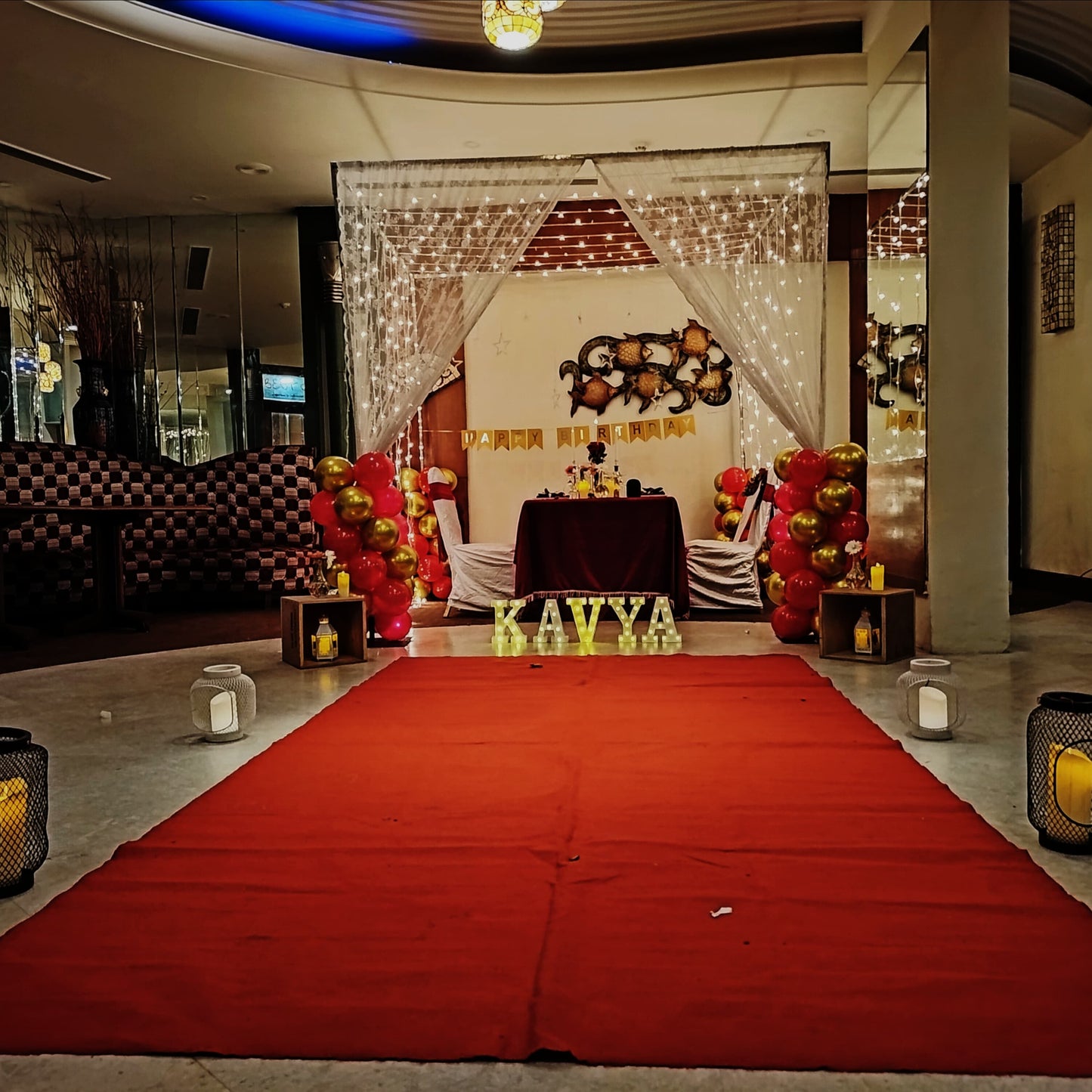Anniversary celebration in Hyderabad with a private cabana dinner, personalized decorations, and complimentary cake.