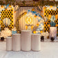 Baby Elephant Birthday Decoration setup with hot air balloon theme, blue and white balloon arch, cute elephant props, and ABC blocks for kids party in Hyderabad.