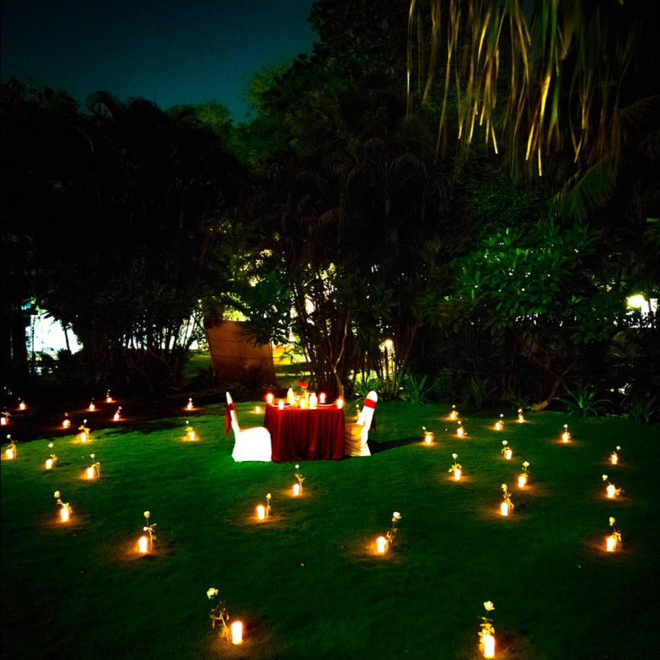 "Romantic ambiance and luxurious decor for an anniversary celebration in Hyderabad with Miraculous Memories."